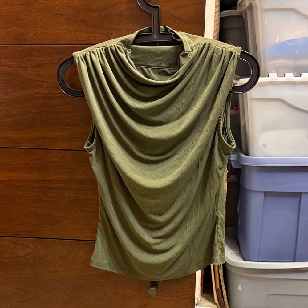 Chic Olive Green Draped Sleeveless Blouse